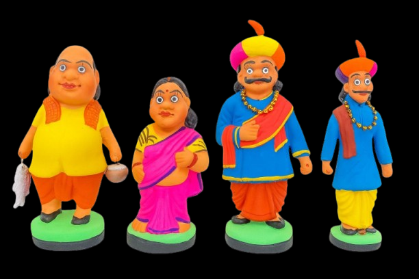 Indian Pure Mitti Clay Dolls Set of 4 | Golu Dolls | Maharashtrian Traditional Couple & Sons/Friends | Home Temple Decor, Navratri Golu Bommai, Showpiece