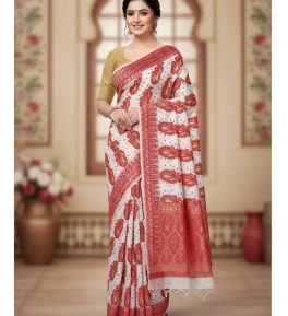 Cotton Jamdani Saree Red And White Without Blouse